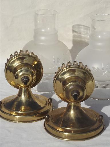 photo of vintage solid brass wall sconces, pair of parlor lamps w/ glass chimney shades #7