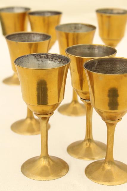 photo of vintage solid brass wine glasses, golden yellow gold brass goblets set of 8 #1