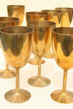 catalog photo of vintage solid brass wine glasses, golden yellow gold brass goblets set of 8