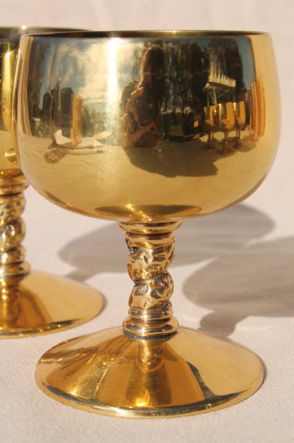 photo of vintage solid brass wine goblets made in Spain, Spanish renaissance medieval banquet table ware #3