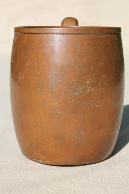 photo of vintage solid copper Moscow mule mug, engraved Miller beer stein cup #2