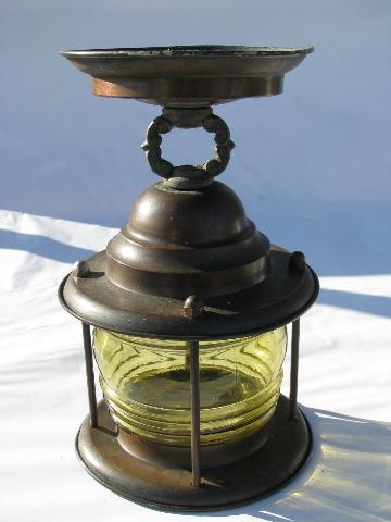 photo of vintage solid copper lantern porch light with amber glass fresnel lens globe #1