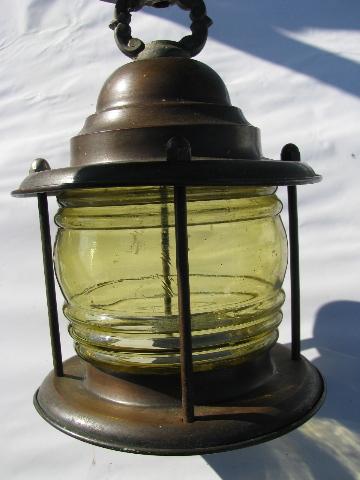 photo of vintage solid copper lantern porch light with amber glass fresnel lens globe #2