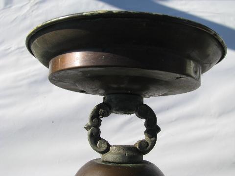 photo of vintage solid copper lantern porch light with amber glass fresnel lens globe #3