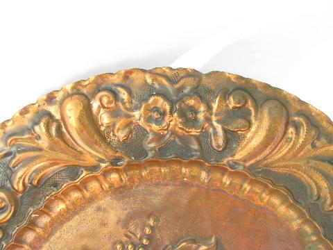 photo of vintage solid copper plate or charger, embossed roses floral repousse #3