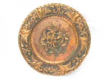 catalog photo of vintage solid copper plate or charger, embossed roses floral repousse