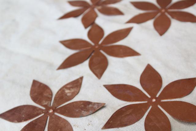 photo of vintage solid copper sheet cut out flowers, flat starburst art shapes w/ center hole #2