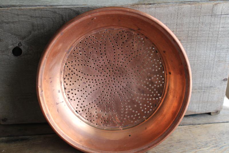 photo of vintage solid copper strainer bowl colander basket, french farmhouse kitchen style #2