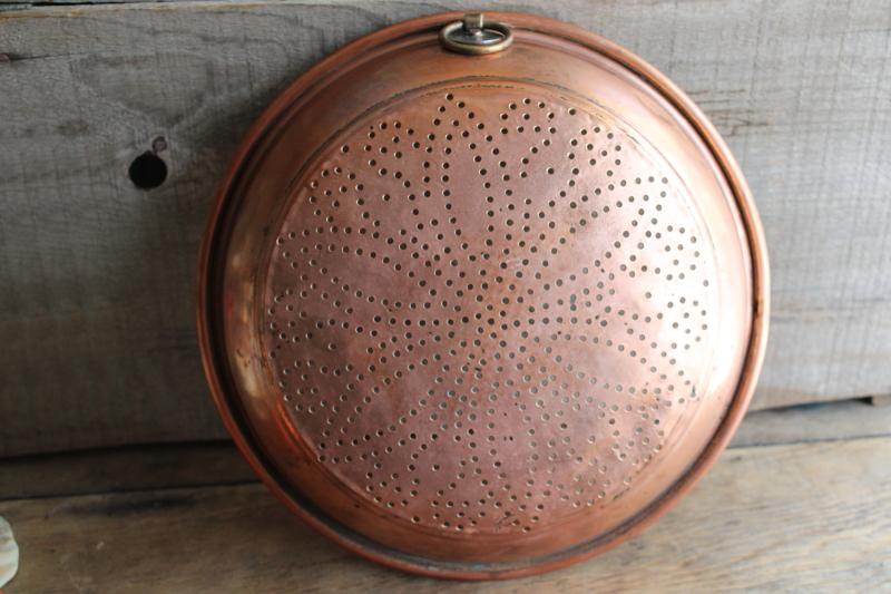 photo of vintage solid copper strainer bowl colander basket, french farmhouse kitchen style #3