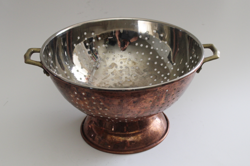 photo of vintage solid copper strainer bowl colander basket, old world kitchen modern farmhouse #2