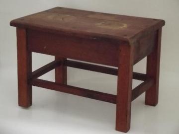 catalog photo of vintage solid oak stool, old bench seat for desk or child's size table