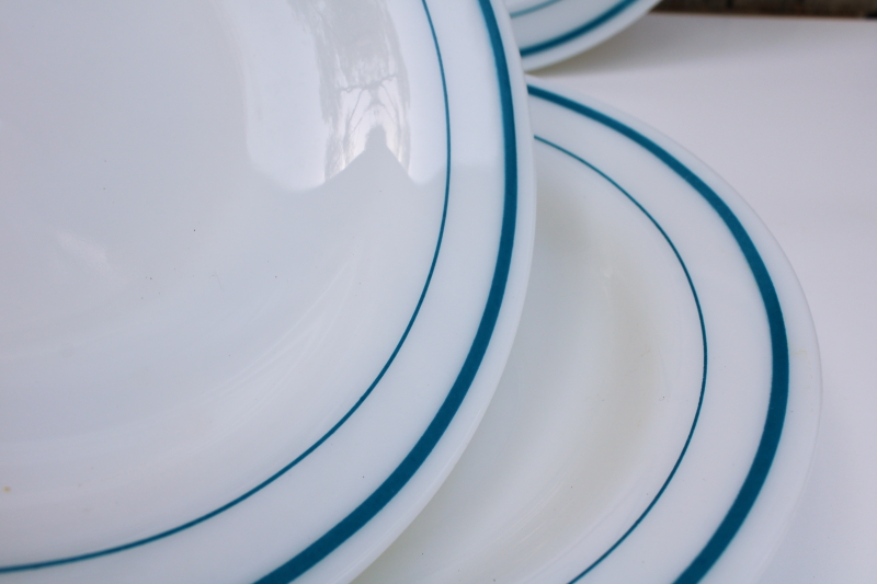 photo of vintage soup bowls set Pyrex tableware by Corning white milk glass blue stripe band #2