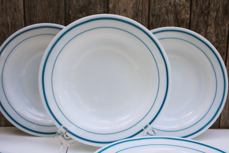 photo of vintage soup bowls set Pyrex tableware by Corning white milk glass blue stripe band #4