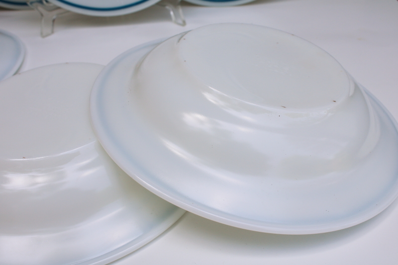 photo of vintage soup bowls set Pyrex tableware by Corning white milk glass blue stripe band #5