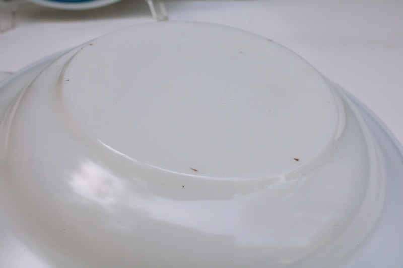 photo of vintage soup bowls set Pyrex tableware by Corning white milk glass blue stripe band #6