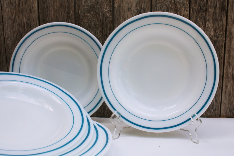 photo of vintage soup bowls set Pyrex tableware by Corning white milk glass blue stripe band #7