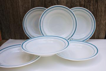 catalog photo of vintage soup bowls set Pyrex tableware by Corning white milk glass blue stripe band