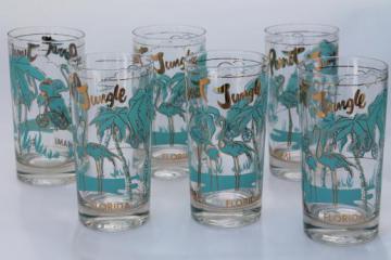 catalog photo of vintage souvenir glasses, Parrot Jungle Florida flamingo print in turquoise & gold