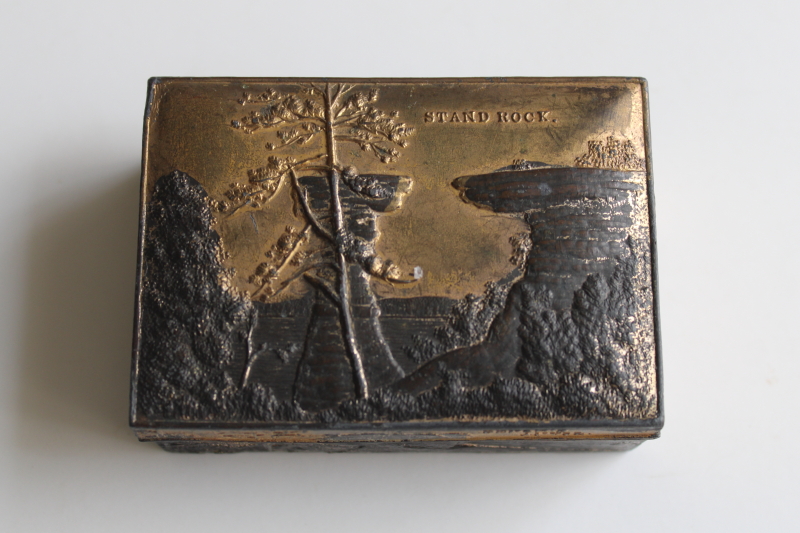 photo of vintage souvenir of Wisconsin Dells, cast metal scene Stand Rock trinket box silk lined  #1