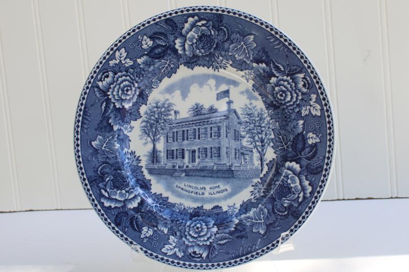 photo of vintage souvenir plate, blue & white transferware Lincoln's home Illinois historic landmark #1