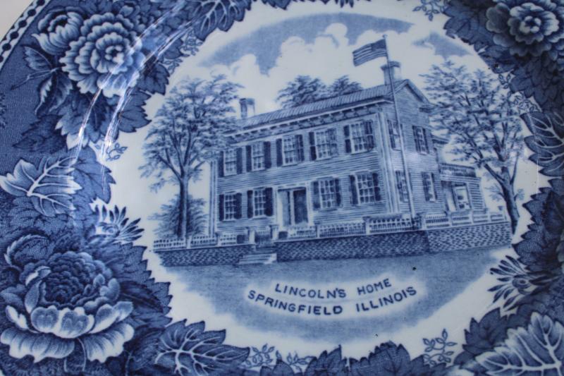 photo of vintage souvenir plate, blue & white transferware Lincoln's home Illinois historic landmark #4