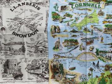 catalog photo of vintage souvenir print kitchen towels, landmarks of Cornwall and Wales