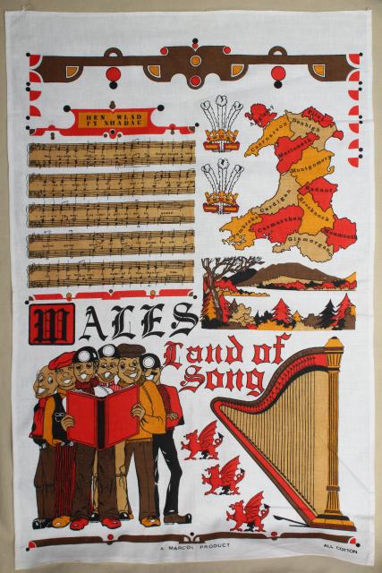 photo of vintage souvenir tea towel, Wales, Land of Song - cute fun retro print #1