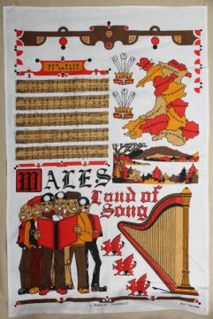 catalog photo of vintage souvenir tea towel, Wales, Land of Song - cute fun retro print