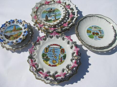 photo of vintage souvenirs lot, old lace edge china souvenir plates & dishes, state maps #1