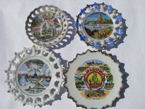 photo of vintage souvenirs lot, old lace edge china souvenir plates & dishes, state maps #2