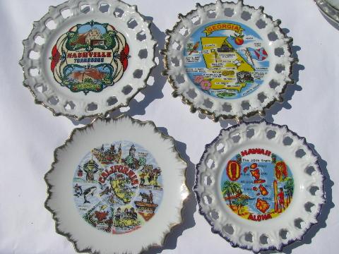 photo of vintage souvenirs lot, old lace edge china souvenir plates & dishes, state maps #4