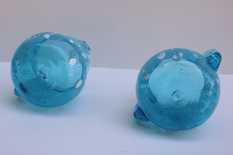 photo of vintage spatter glass hand blown cream pitcher & sugar bowl, aqua blue & white art glass #2