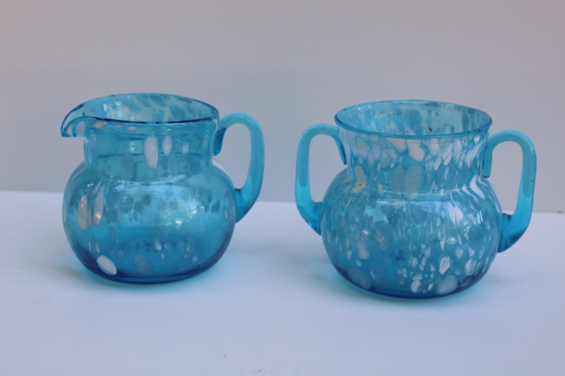 photo of vintage spatter glass hand blown cream pitcher & sugar bowl, aqua blue & white art glass #3