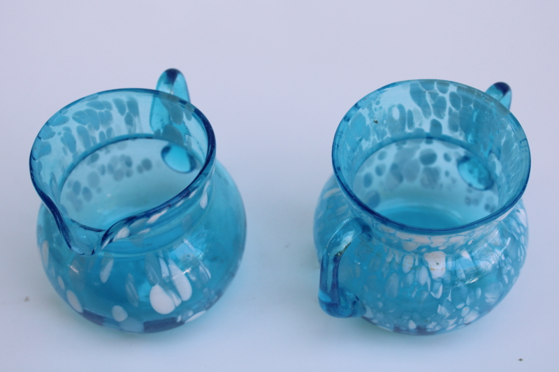 photo of vintage spatter glass hand blown cream pitcher & sugar bowl, aqua blue & white art glass #4