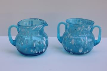 vintage spatter glass hand blown cream pitcher & sugar bowl, aqua blue & white art glass 