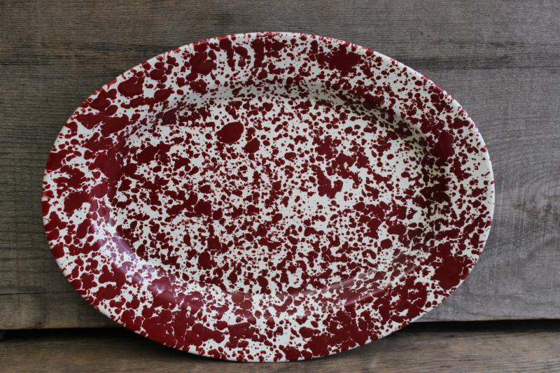 photo of vintage spatterware enamel ware metal tray or platter, barn red & white #2