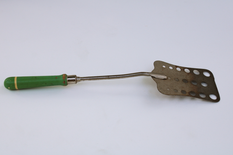photo of vintage spatula w/ jade green painted wood handle, depression era kitchen utensil  #4