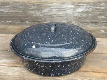 catalog photo of vintage speckled graniteware covered pan bowl w/ lid old farm kitchen