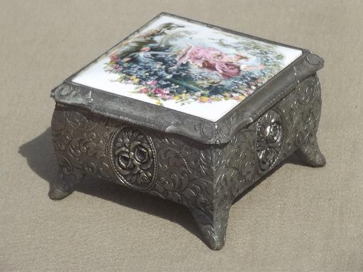 photo of vintage spelter metal jewelry box / music box w/ Boucher style french print #1