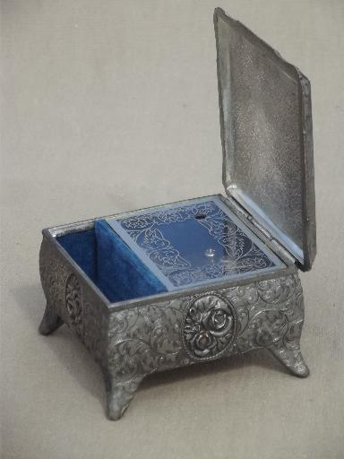 photo of vintage spelter metal jewelry box / music box w/ Boucher style french print #2