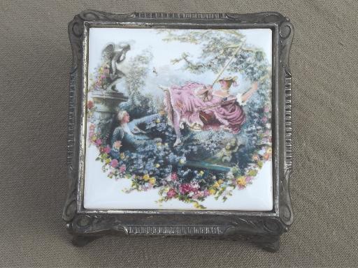 photo of vintage spelter metal jewelry box / music box w/ Boucher style french print #4