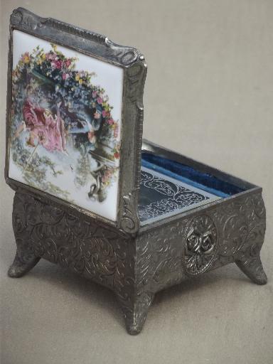 photo of vintage spelter metal jewelry box / music box w/ Boucher style french print #5
