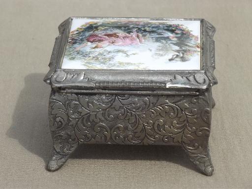 photo of vintage spelter metal jewelry box / music box w/ Boucher style french print #6