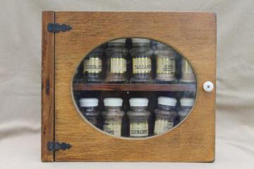 catalog photo of vintage spice set w/ glass jars for spices & wall mount rack spice cabinet w/ shelves
