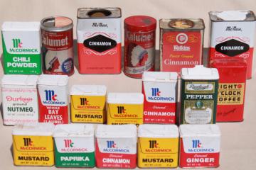 catalog photo of vintage spice tins collection, old advertising tin metal boxes for spices