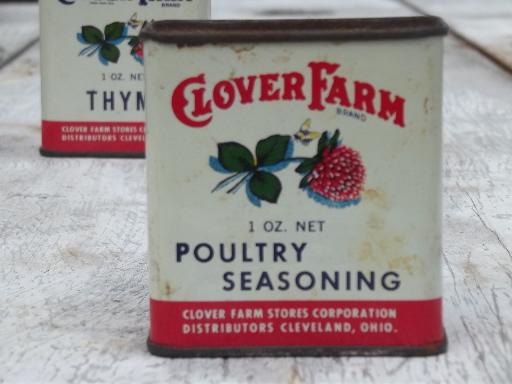 photo of vintage spice tins & jars w/ old labels Clover Farm & McCormick  #2