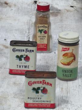 catalog photo of vintage spice tins & jars w/ old labels Clover Farm & McCormick 
