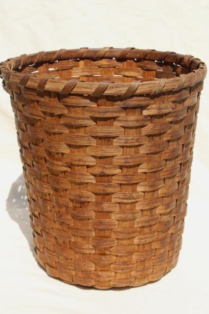 photo of vintage split oak splint basket, tall gathering basket or storage bin wastebasket #1