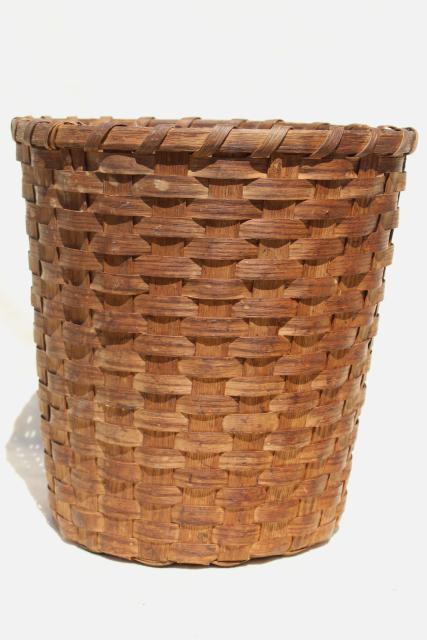 photo of vintage split oak splint basket, tall gathering basket or storage bin wastebasket #2