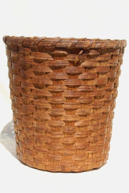 photo of vintage split oak splint basket, tall gathering basket or storage bin wastebasket #3